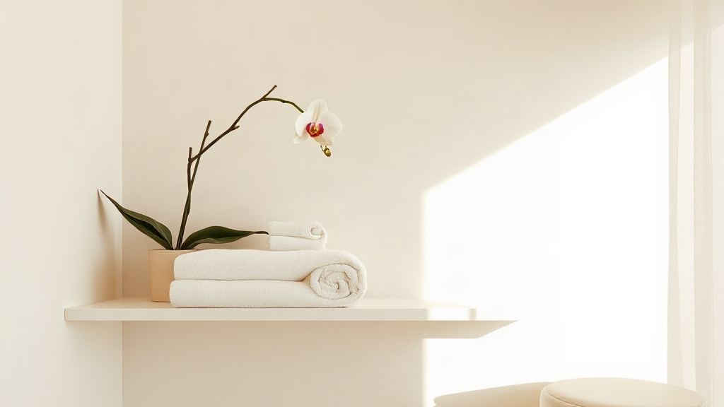 Minimal modern treatment room corner with orchid and folded towels
