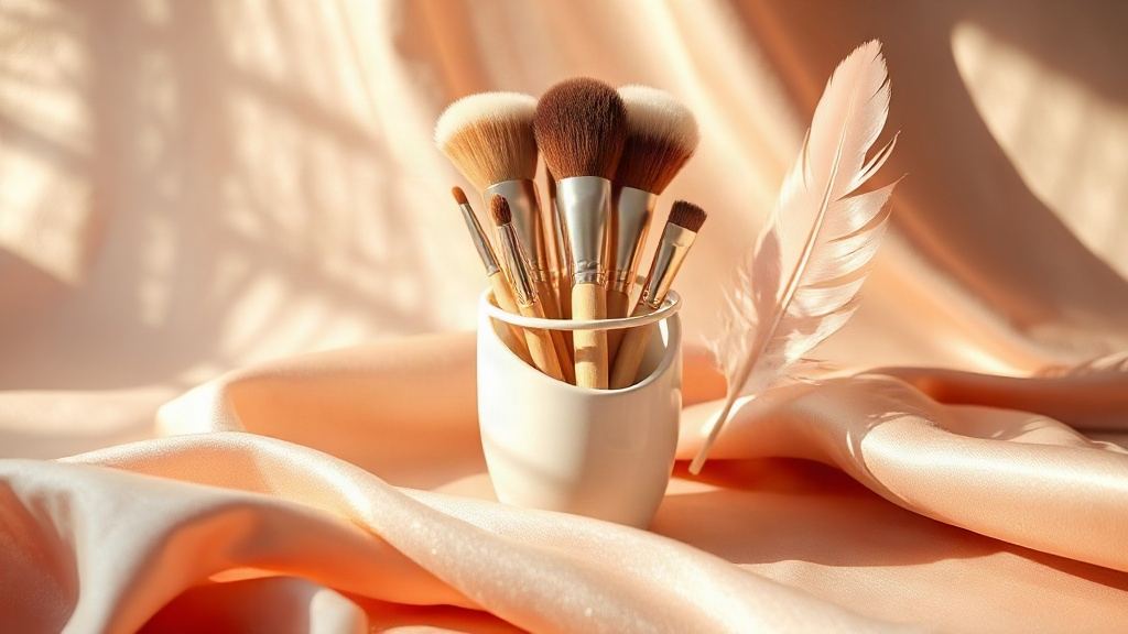 Soft makeup brushes and a feather curve resting on blush silk