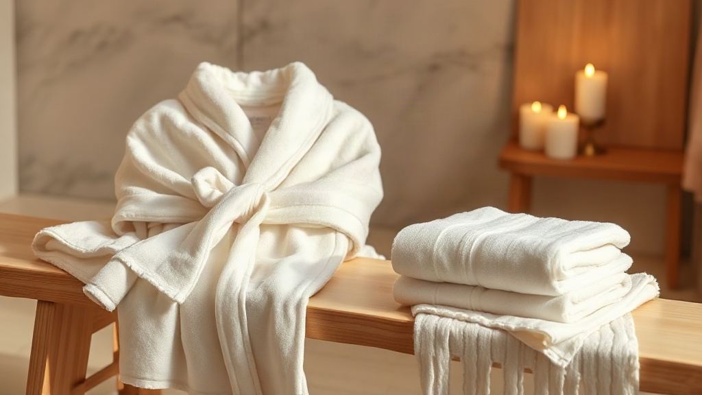 Plush white bathrobe and folded towels on a wooden bench in candlelight