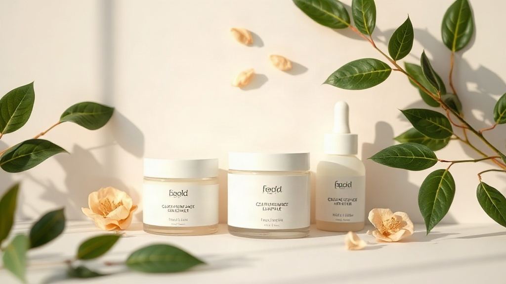 Clarifying skincare still life with green botanicals and clean white jars