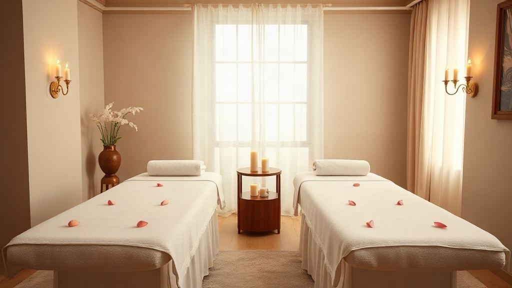 Couples spa room with two massage tables, paired candles and petals