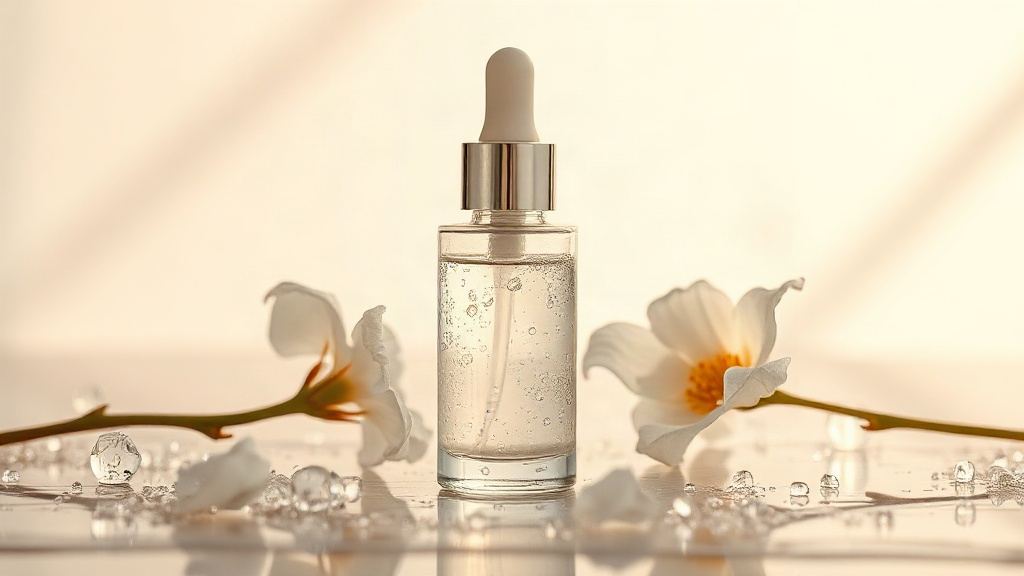 Hydrating skincare still life with dewy glass, serum bottle and white flower