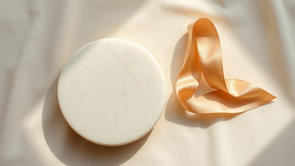 Elegant minimal flat lay of polished stone, cotton pads and silk ribbon