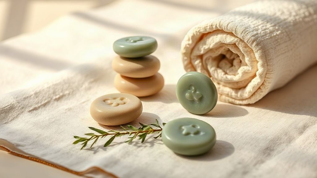 Jade gua sha stones, rolled towel and eucalyptus sprigs on linen