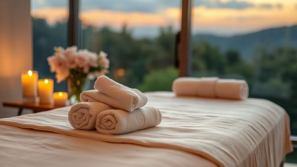 Massage table with crisp white linens, rolled towels and warm candlelight