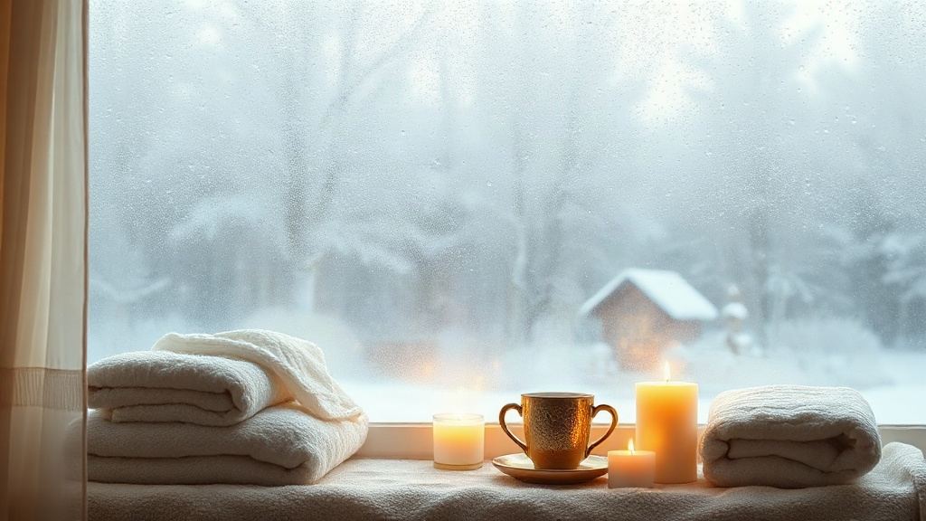 Cozy winter spa window with snow outside, warm towels and candlelight